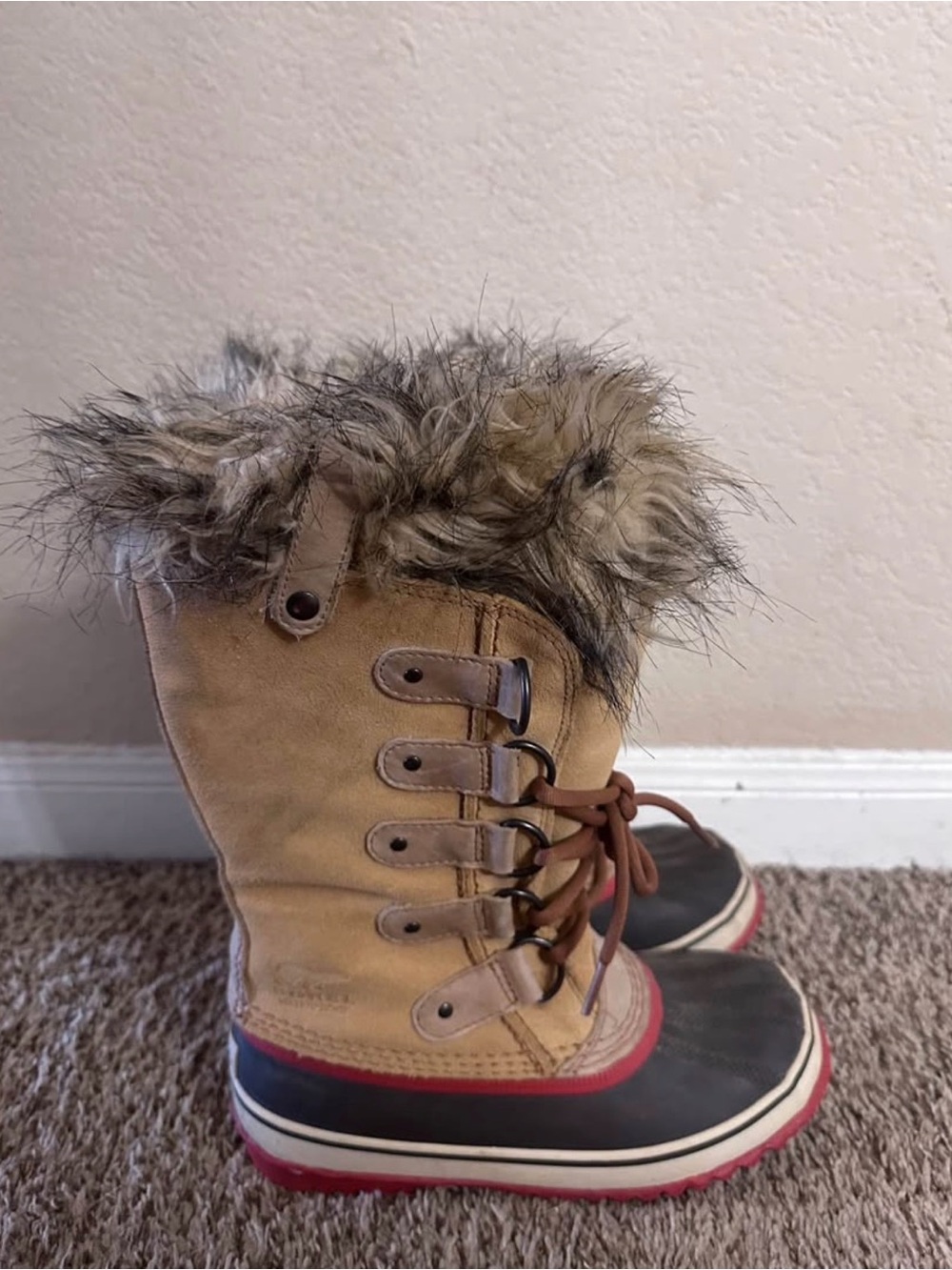 Sorel x Free People Joan of Arc Women’s Tan, Black and Red Lace-Up Winter Boots
